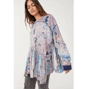 Free People Womens Medium Paisley Flowy Shirt Moroccan Blue Boho Oversized Soft